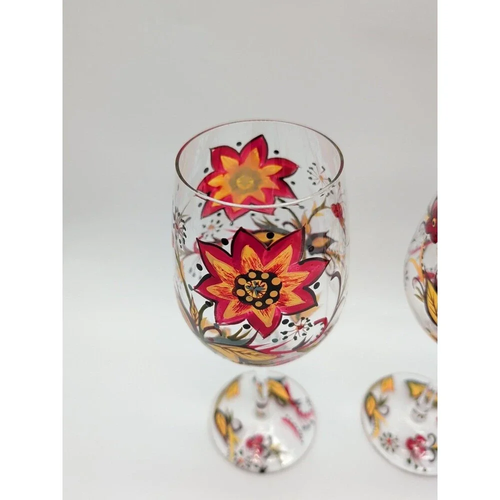 Pier 1 Carynthum Wine Glasses Hand Painted Fall Floral Set Of 2